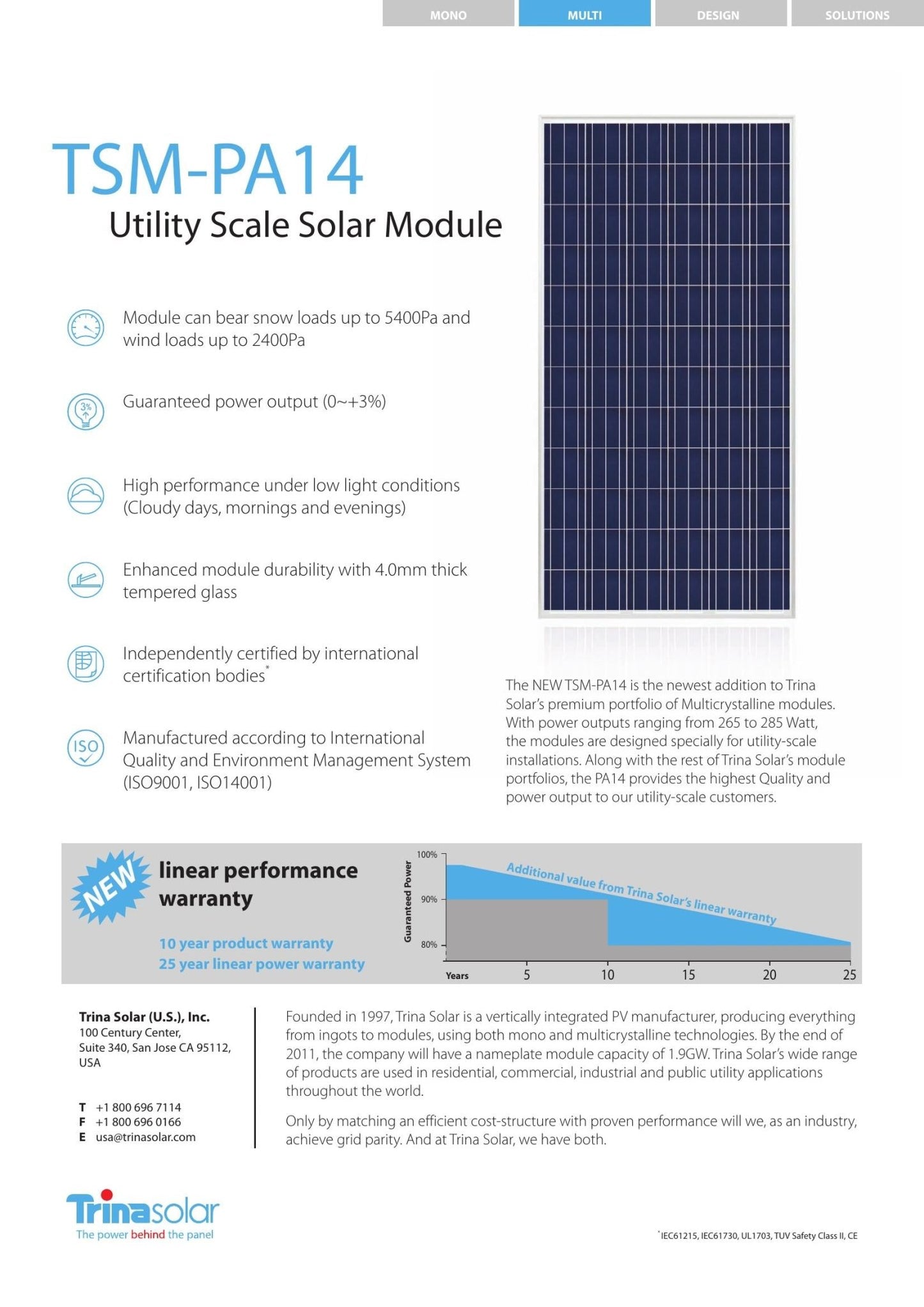 285w Trina Used Solar Panels singular Clear Energy Partners
