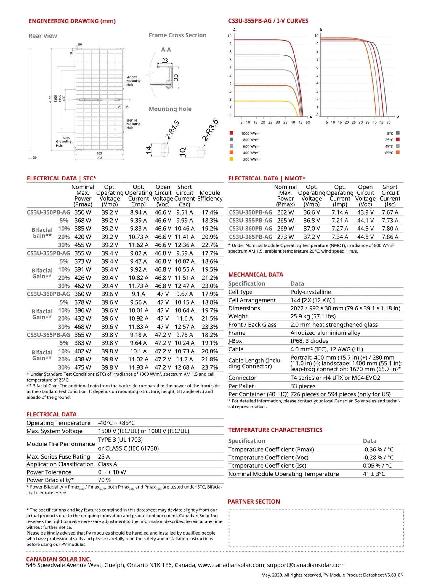 350W, 355W, 375W Canadian Bifacial (CS3U - 355PB - AG) Wholesale Truckload