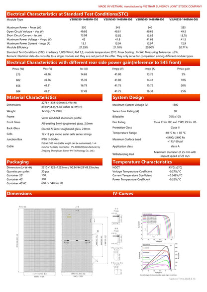 30 - Pack 540W VSUN Tier 1 Used Bifacial Solar Panels - 16.2kW Pallet (VSUN540 - 144BMH - DG) - Wholesale Pallet Deal pallet Clear Energy Partners