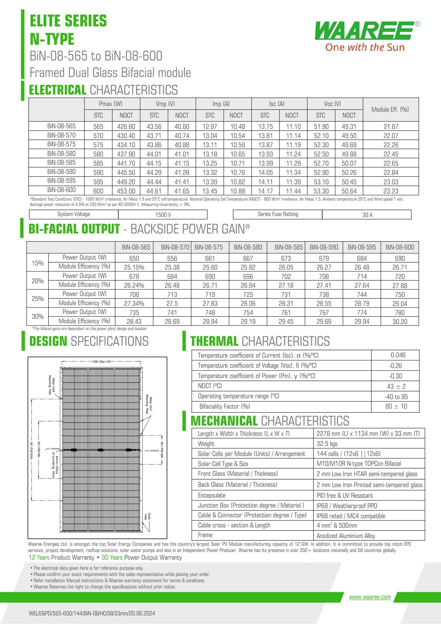 36-Pack 585W Waaree Tier 1 N-Type TopCon Bifacial Solar Panels