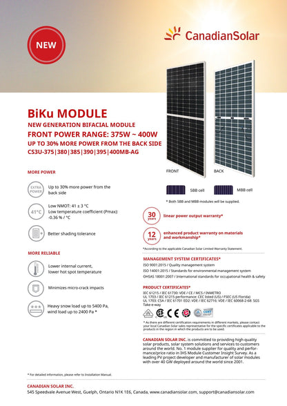 35 - Pack 375W Canadian Tier 1 Bifacial Solar Panels - 13.12kW Pallet (CS3U - 375MB - AG) - Wholesale Pallet Deal
