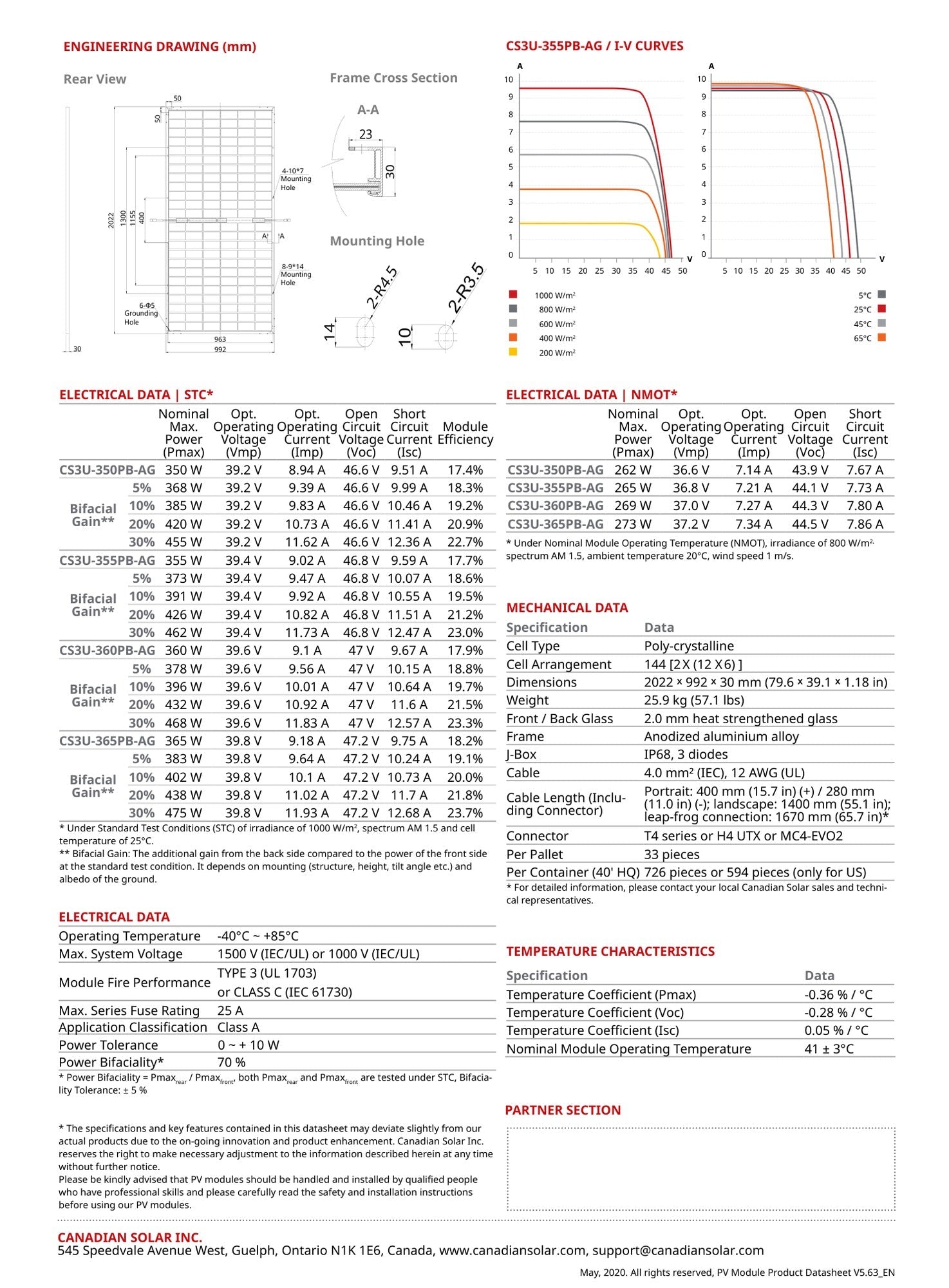 350W, 355W, 375W Canadian Bifacial (CS3U - 355PB - AG) Wholesale Truckload