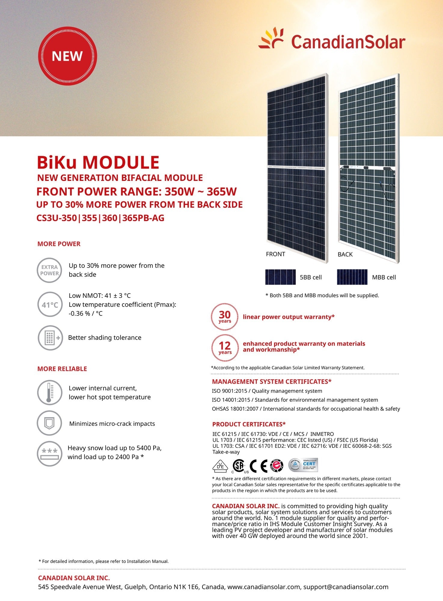 350W, 355W, 375W Canadian Bifacial (CS3U - 355PB - AG) Wholesale Truckload