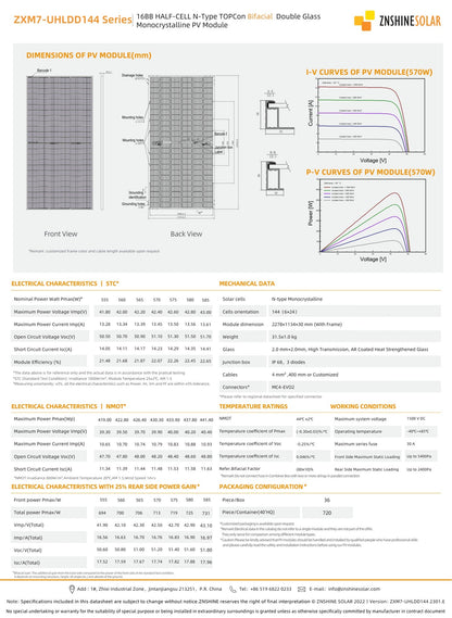 36 - Pack 585W Znshine N - Type TopCon Bifacial Tier 1 Panels - 21.06kW Pallet (ZXM7 - UHLDD144 - 585) - Wholesale Pallet Deal pallet Clear Energy Partners