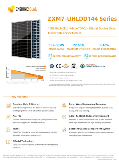 36 - Pack 585W Znshine N - Type TopCon Bifacial Tier 1 Panels - 21.06kW Pallet (ZXM7 - UHLDD144 - 585) - Wholesale Pallet Deal pallet Clear Energy Partners