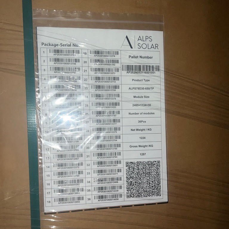 36 - Pack 650W Alps Bifacial N - Type Solar Panels - 23.4kW Pallet (ALPS78D30 - 650/TP) - Wholesale Pallet Deal pallet Clear Energy Partners
