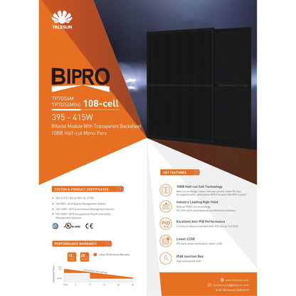 415W Talesun Bifacial Tier 1 Panels (TP7G54M - Black) Wholesale Truckload Deal Truck Clear Energy Partners