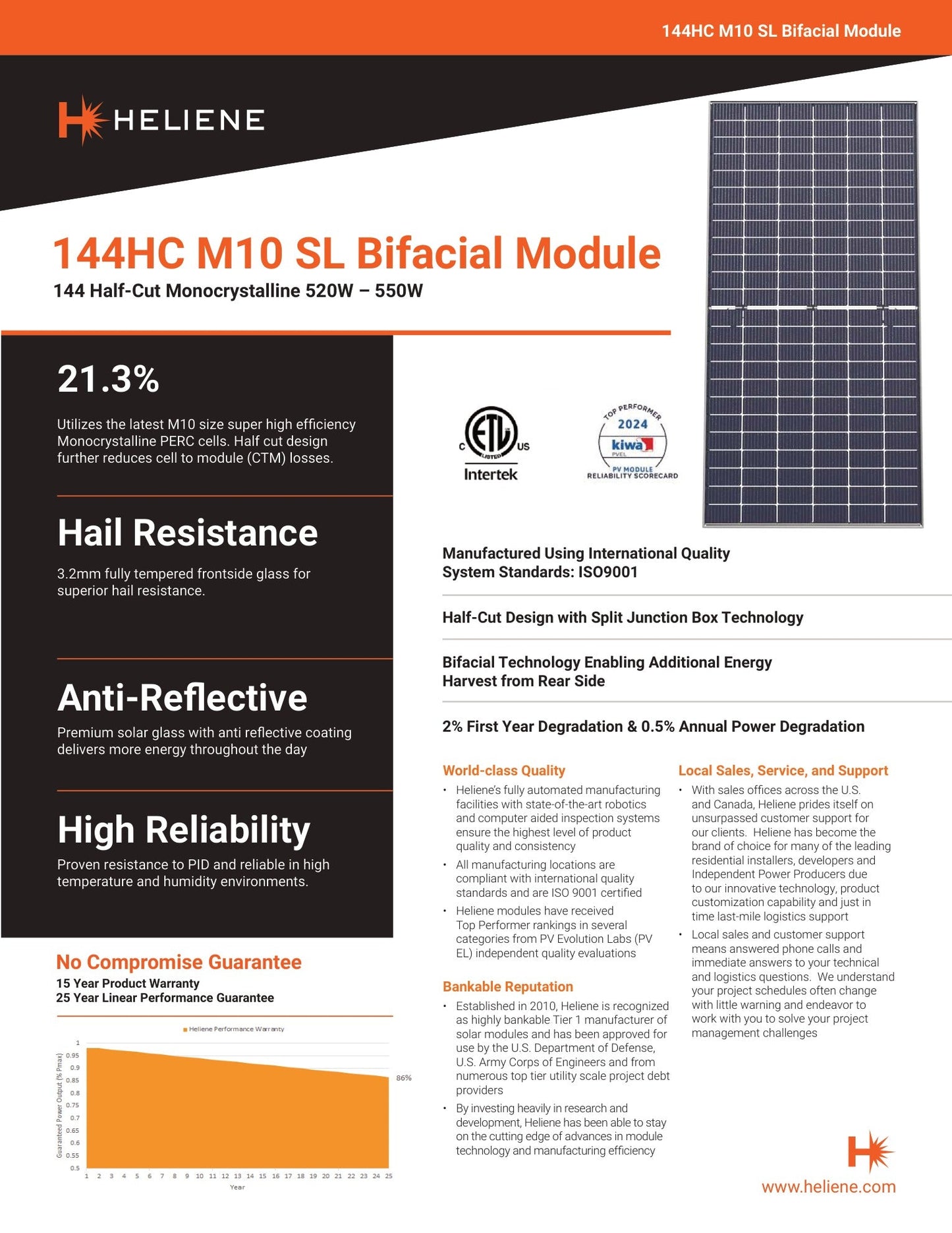 550W Heliene Bifacial Panels - 12% Domestic Content - BABA Compliant (HE - 144M - 520 - HC - M10BF - SL) Wholesale Truckload Truck Clear Energy Partners