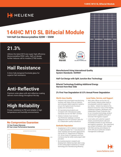 550W Heliene Bifacial Panels - 12% Domestic Content - BABA Compliant (HE - 144M - 520 - HC - M10BF - SL) Wholesale Truckload Truck Clear Energy Partners