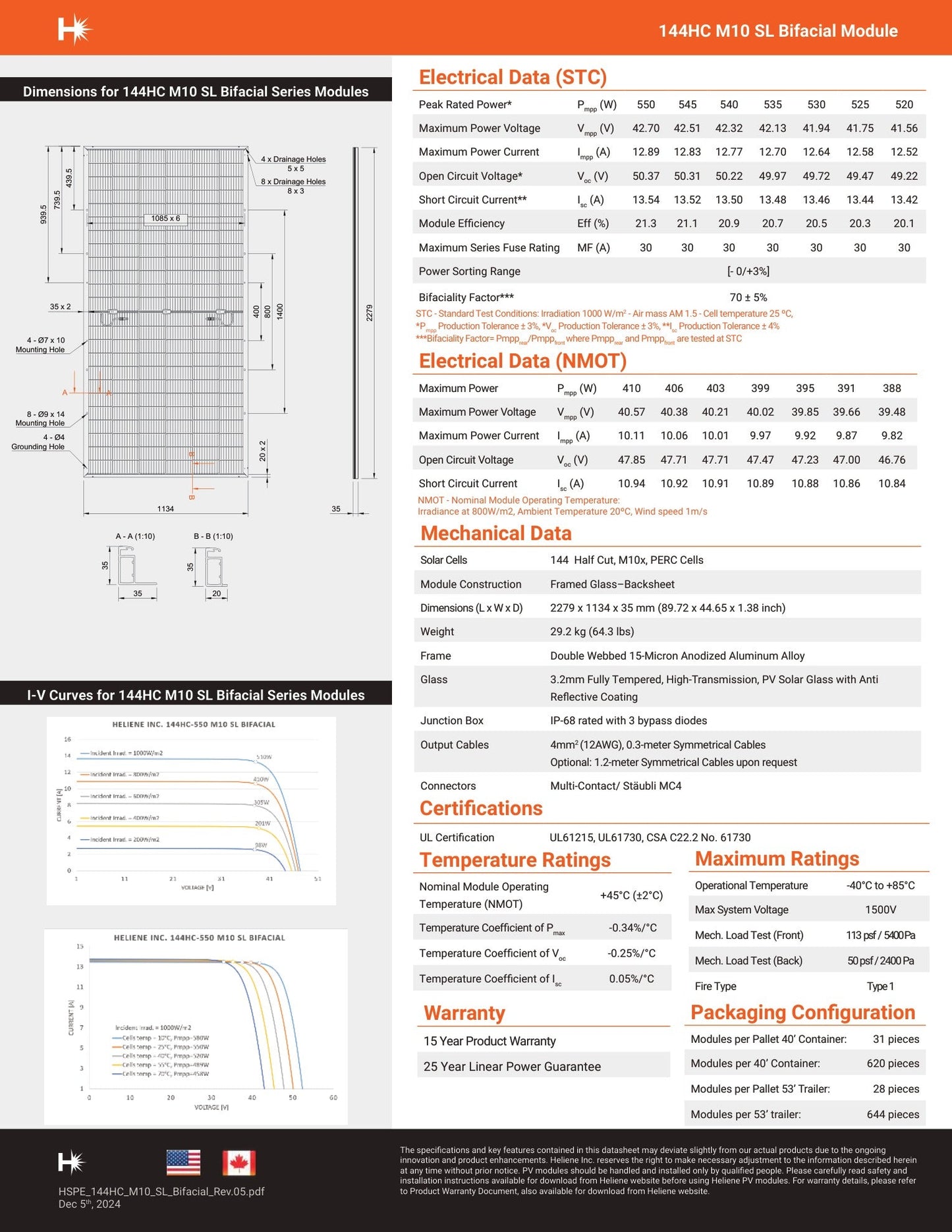 550W Heliene Bifacial Panels - 12% Domestic Content - BABA Compliant (HE - 144M - 520 - HC - M10BF - SL) Wholesale Truckload Truck Clear Energy Partners