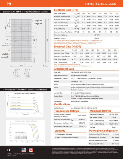 550W Heliene Bifacial Panels - 12% Domestic Content - BABA Compliant (HE - 144M - 520 - HC - M10BF - SL) Wholesale Truckload Truck Clear Energy Partners