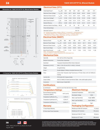 630W Heliene N - Type Bifacial 45% Domestic Content FEOC Compliant (156HC M10 NTYP SL) Wholesale Truckload