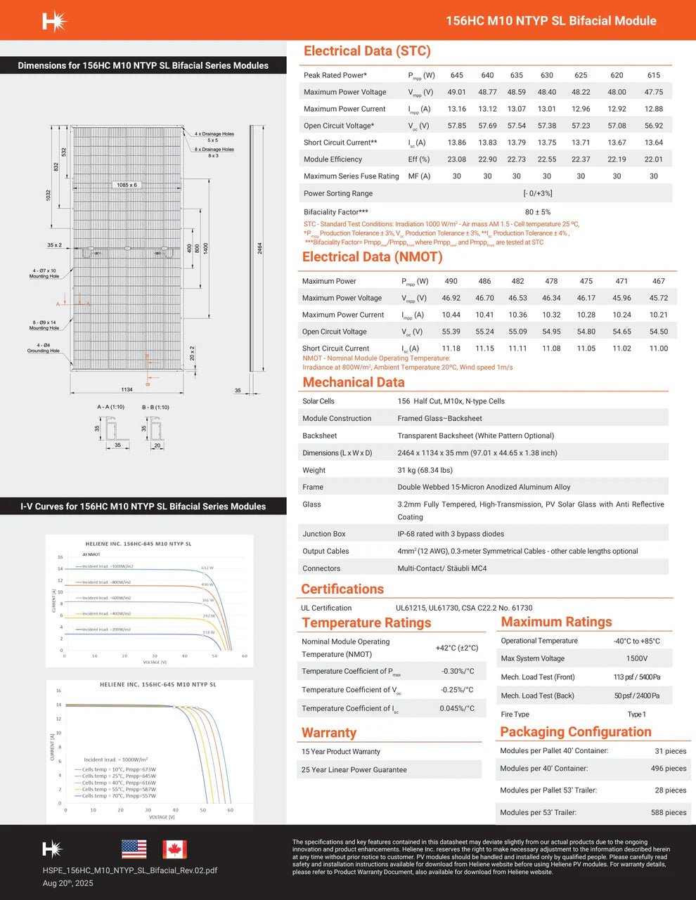 635W Heliene N - Type Bifacial 45% Domestic Content FEOC Compliant (156HC M10 NTYP SL) Wholesale Truckload