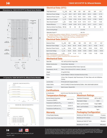 635W Heliene N - Type Bifacial 45% Domestic Content FEOC Compliant (156HC M10 NTYP SL) Wholesale Truckload