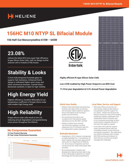 640W Heliene N - Type Bifacial Panels - 43% Domestic Content - BABA Compliant (156HC M10 NTYP SL) Wholesale Truckload Truck Clear Energy Partners