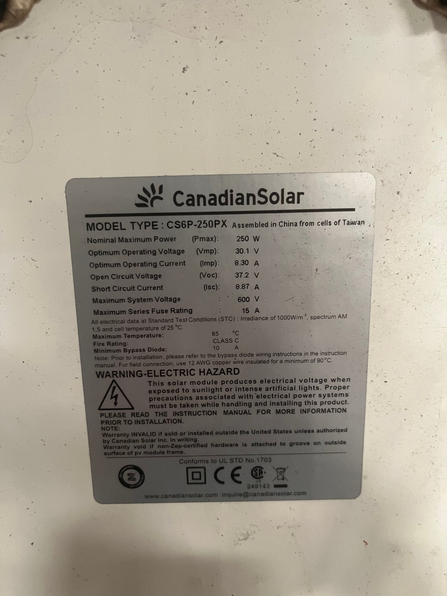 label - singular - 250 Watt Canadian Used Solar Panels - spec label - Clear Energy Partners